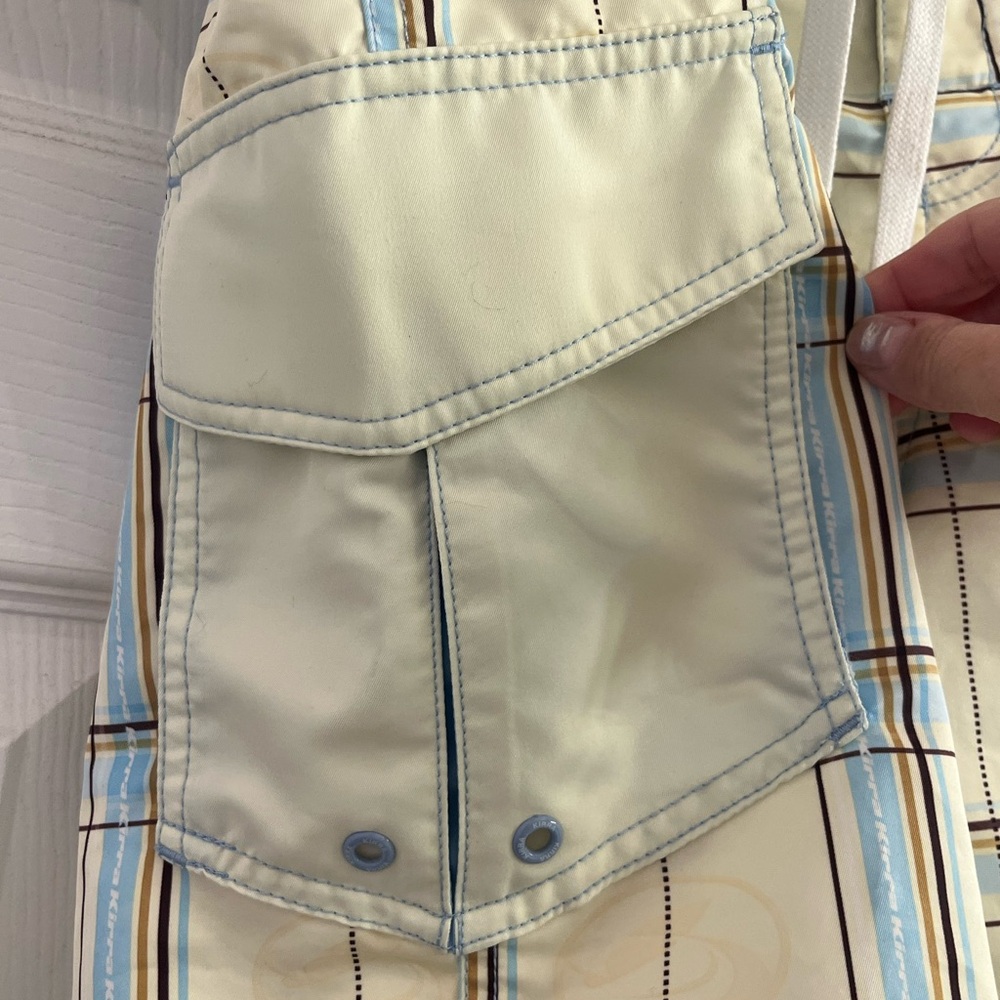 Kirra Men’s Board Shorts Yellow Checkered Pattern Brown Border Drawstring 34 - Picture 5 of 10